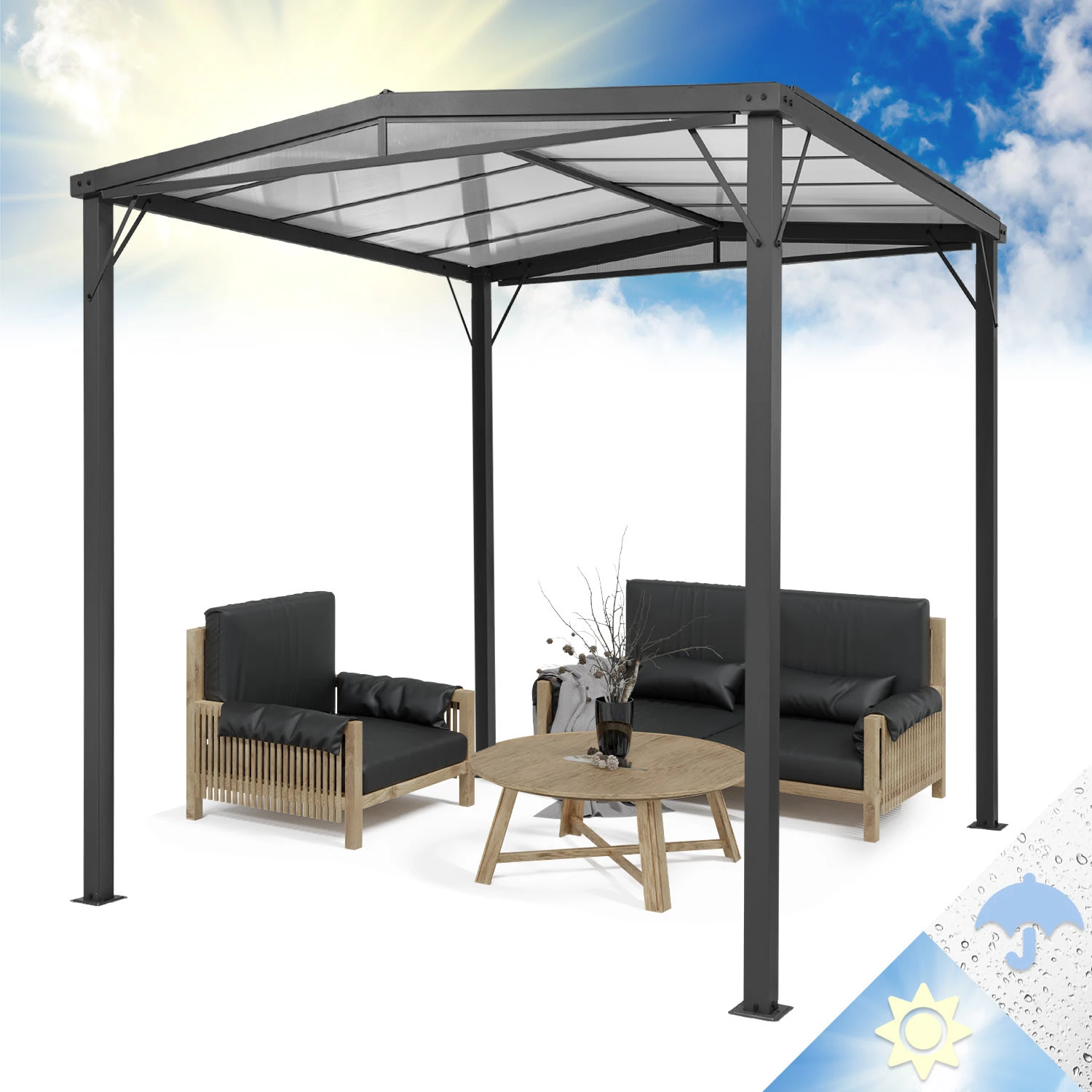 Pantheon Solid Sky Flat Pergola Vordach 3x3m Polycarbonat 3 Pantheon Solid Sky Flat Pergola Vordach 3x3m Polycarbonat
